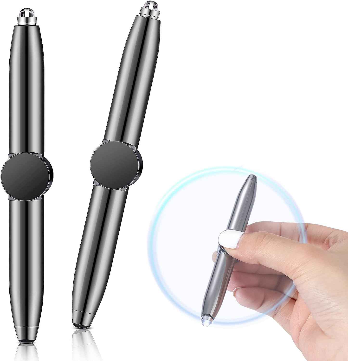 2Pcs Fidget Spinning Pen with LED Light Stress Reducer Ballpoint Pen Black