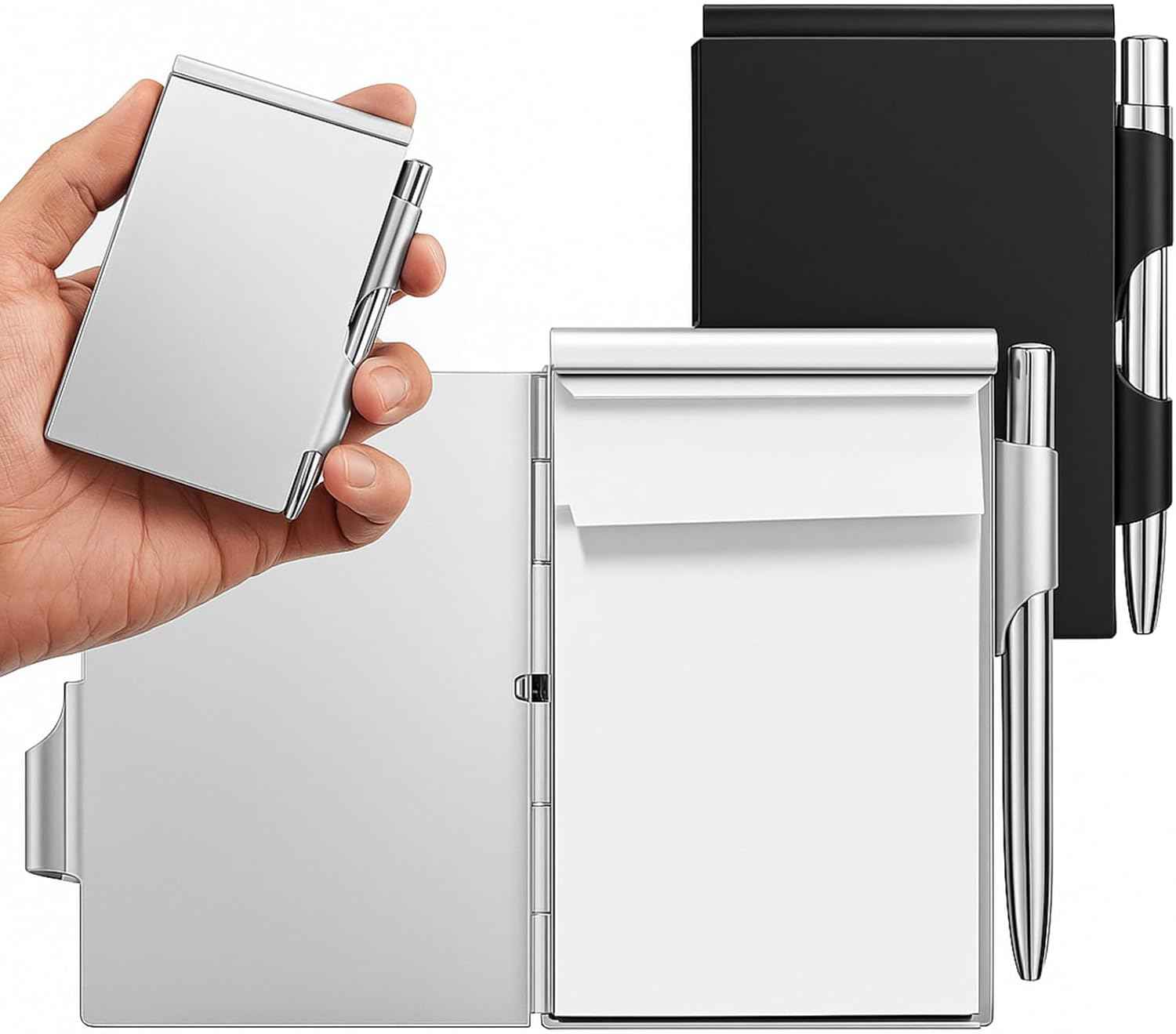 2 Pieces Metal Pocket Notebook with Pen and Refillable Paper 1 Black + 1 Silver