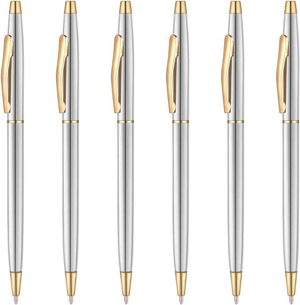 6 Pack Gold Stainless Steel Ballpoint Pens Black Ink