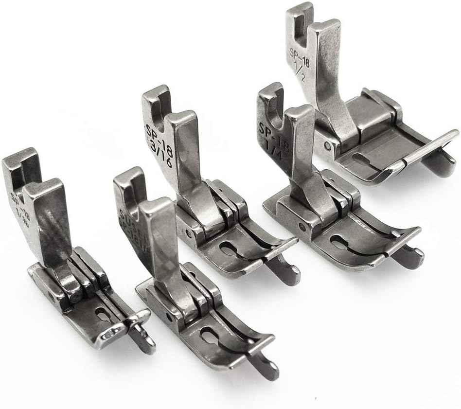 Five hinged presser feet for industrial sewing, two styles with metal guide arms
