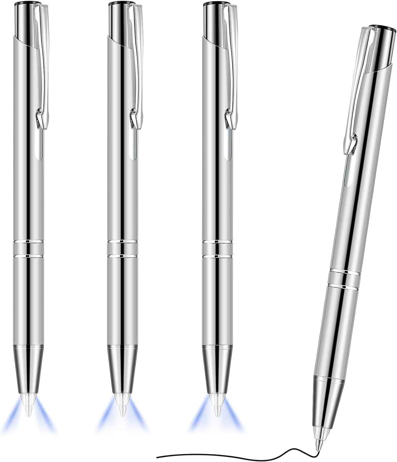 4 Pack Ballpoint Pens with LED Light for Writing in the Dark Silver
