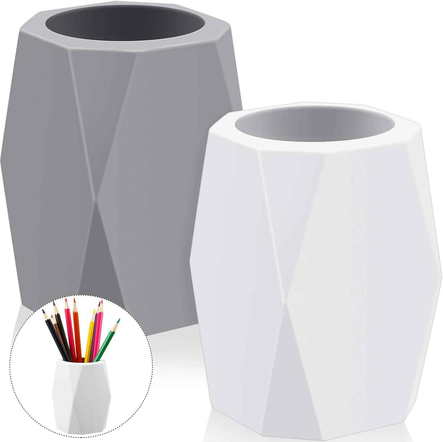 2 Pieces Silicone Pencil Holder for Desk,Geometric Makeup Brush Holder White, Gray