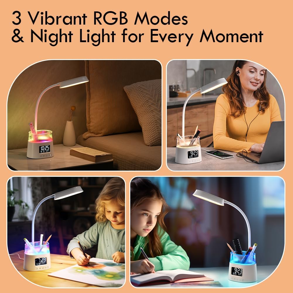 LED Desk Lamps for Home Office with Pen Holder Clock USB Charging