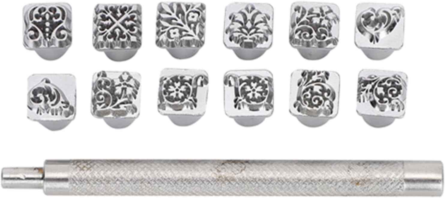12 leather punch heads arranged with textured metal handle bar