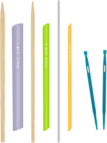 8-piece fabric turning tool set: wooden sticks, colored tubes, metal rod, blue helpers