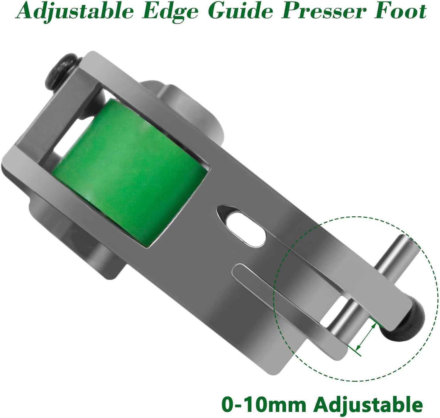 Adjustable edge guide roller presser foot, green roller inside gray guard frame with scale
