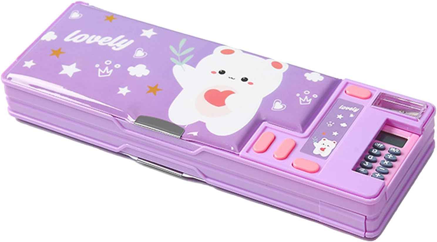 Multifunction Pencil Case with Calculator Sharpener Purple Bear