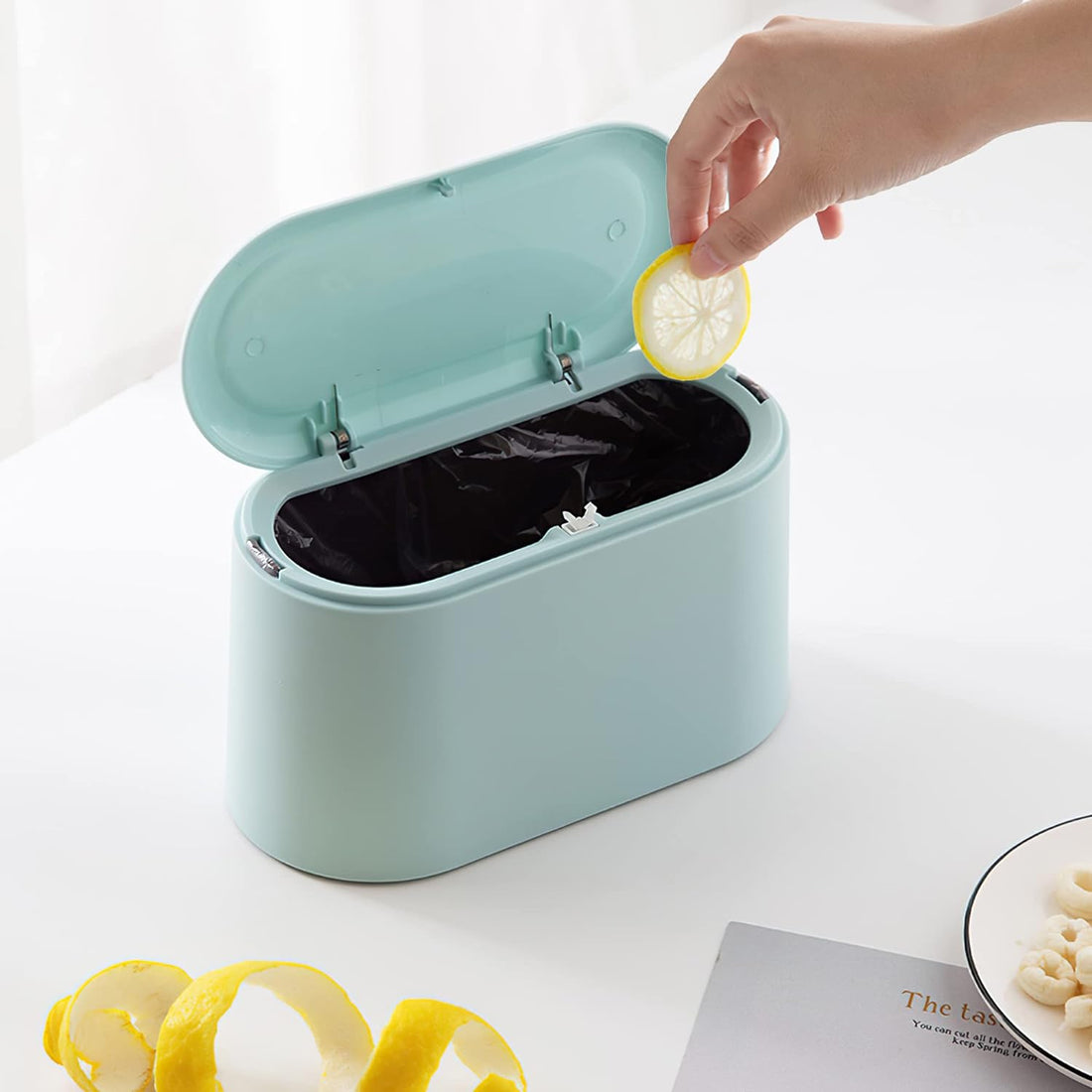 Mini Trash Can with Lid Removable Pop Up Countertop Wastebasket Light Blue