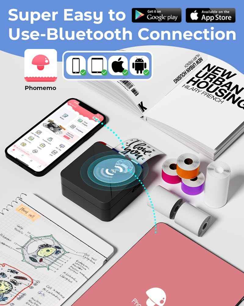 Phomemo M02S HD Bluetooth Thermal Photo Printer with 6 Roll Paper
