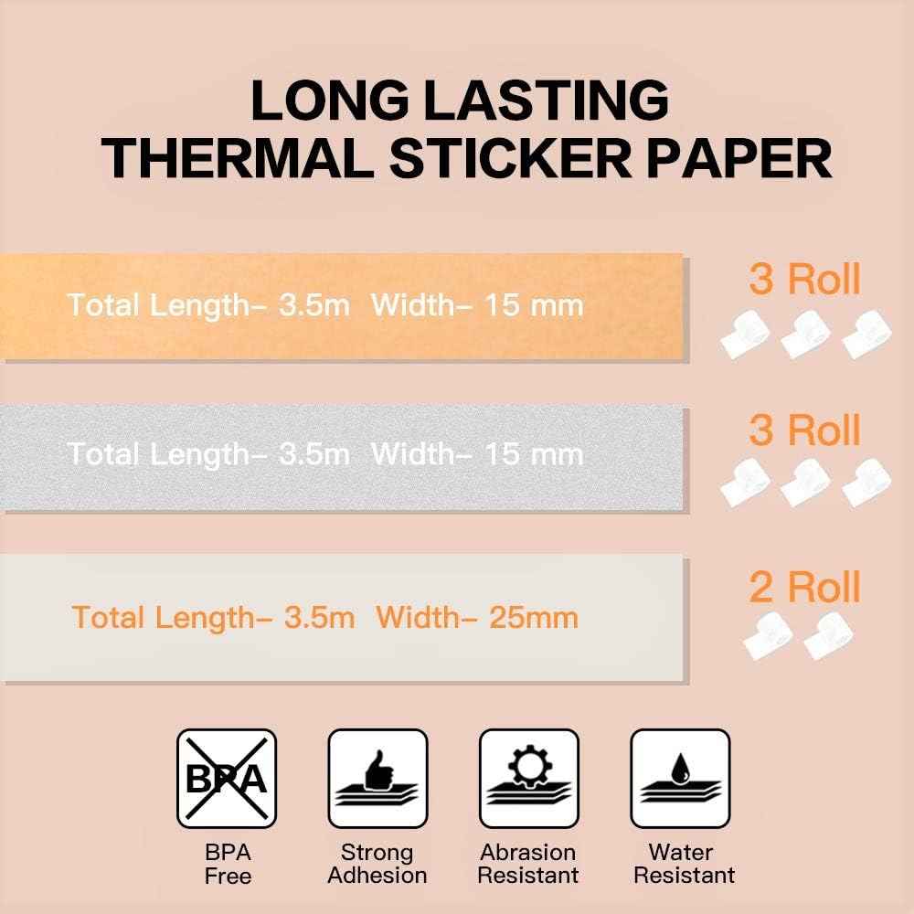 Adhesive Thermal Paper 15mm-25mm for Phomemo M02S Printer 8 Rolls