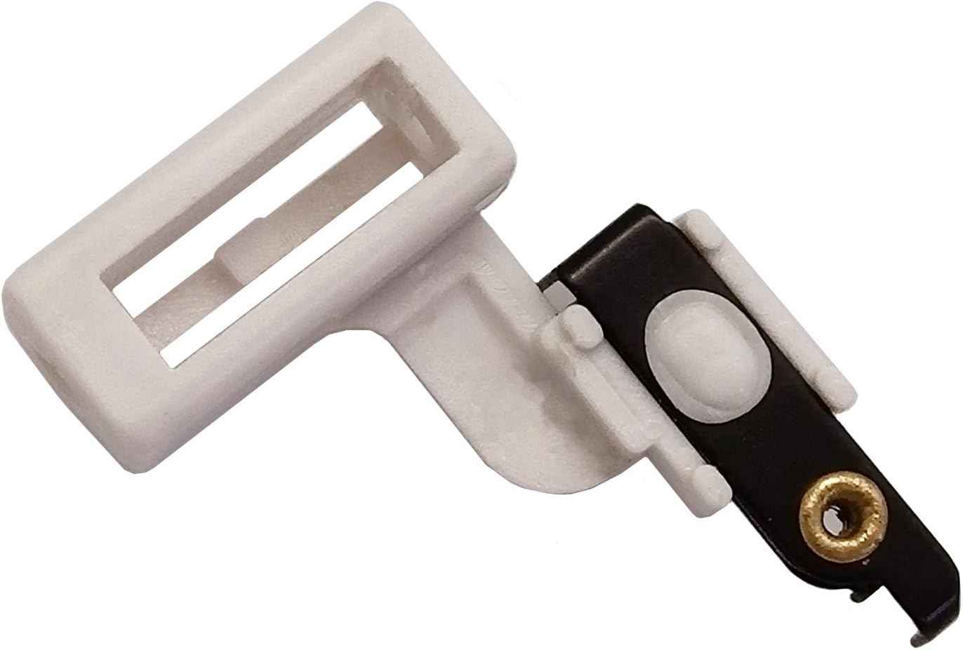 Needle threader tool with white guide frame and black handle, gold-toned screw