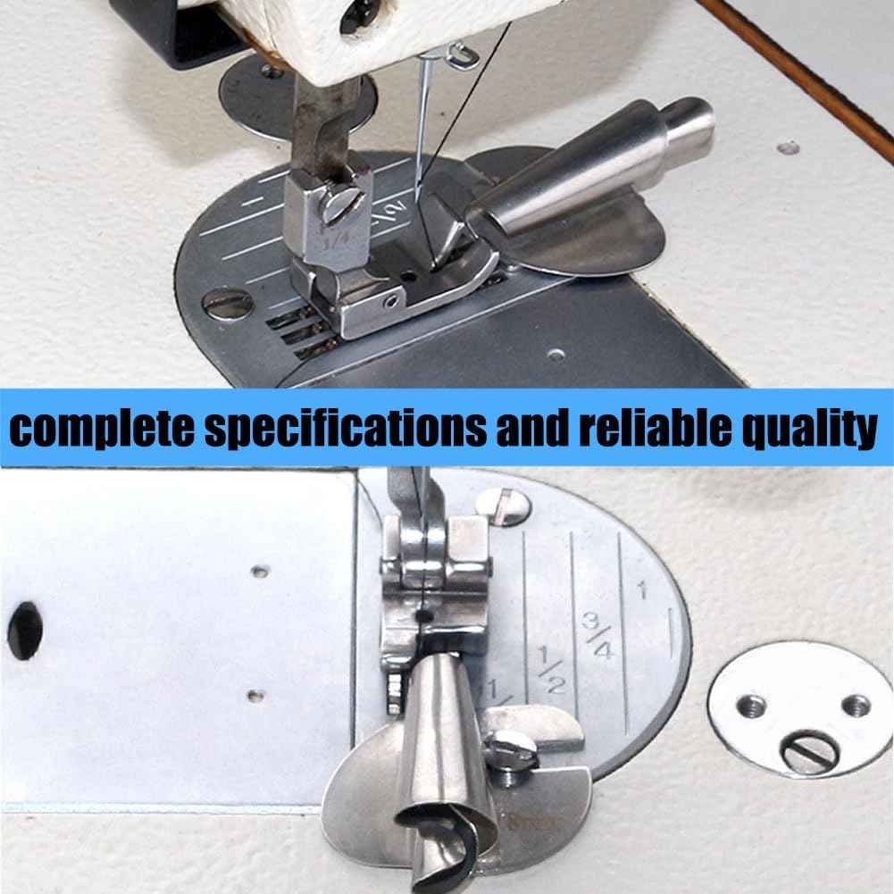 Rolled hemmer foot attached to sewing machine bed, metal presser attachment