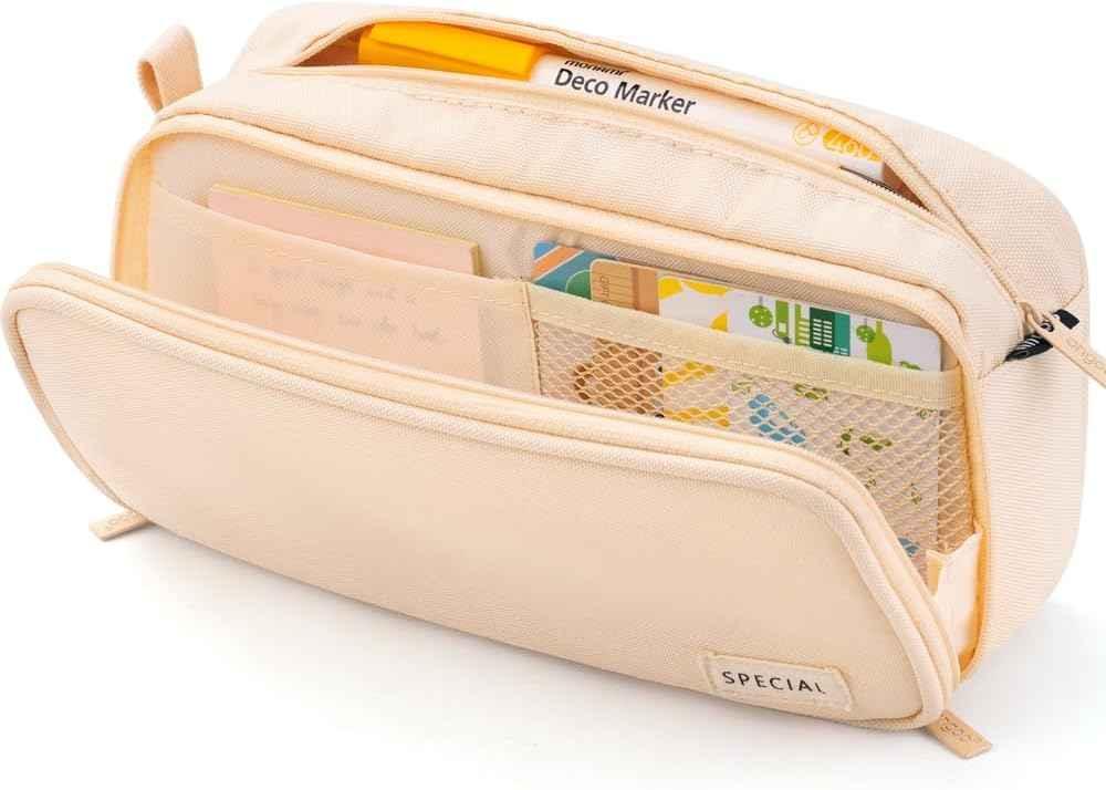 Large Capacity Pencil Case Organizer Pen Marker Holder Beige