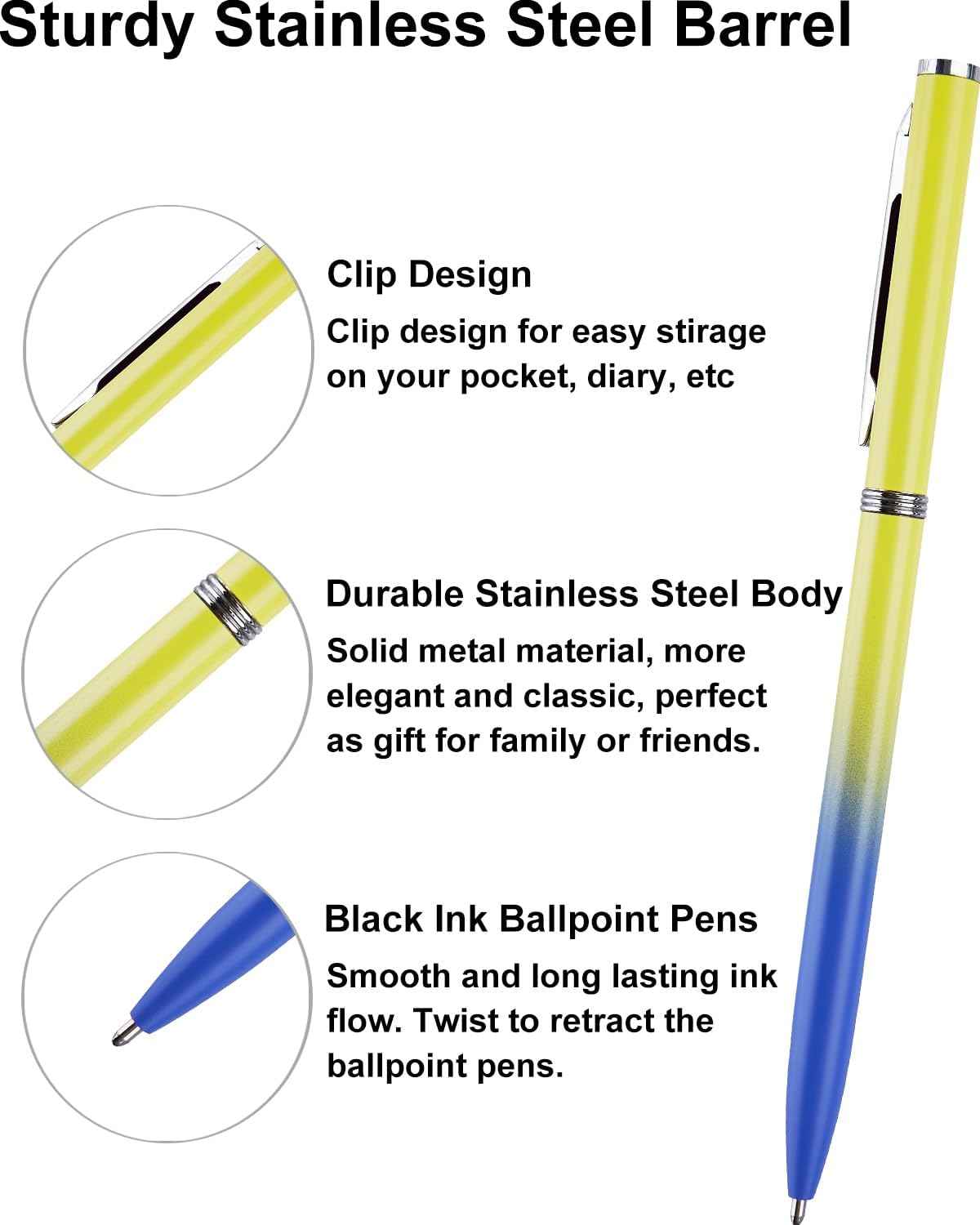 12 Pack Metal Ballpoint Pens Black Ink 1.0mm Rainbow Color