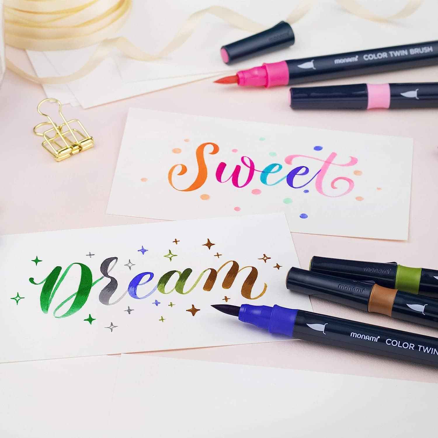 MONAMI Color Twin Brush Marker Pens,Ocean Blue & Violet 6-Pack