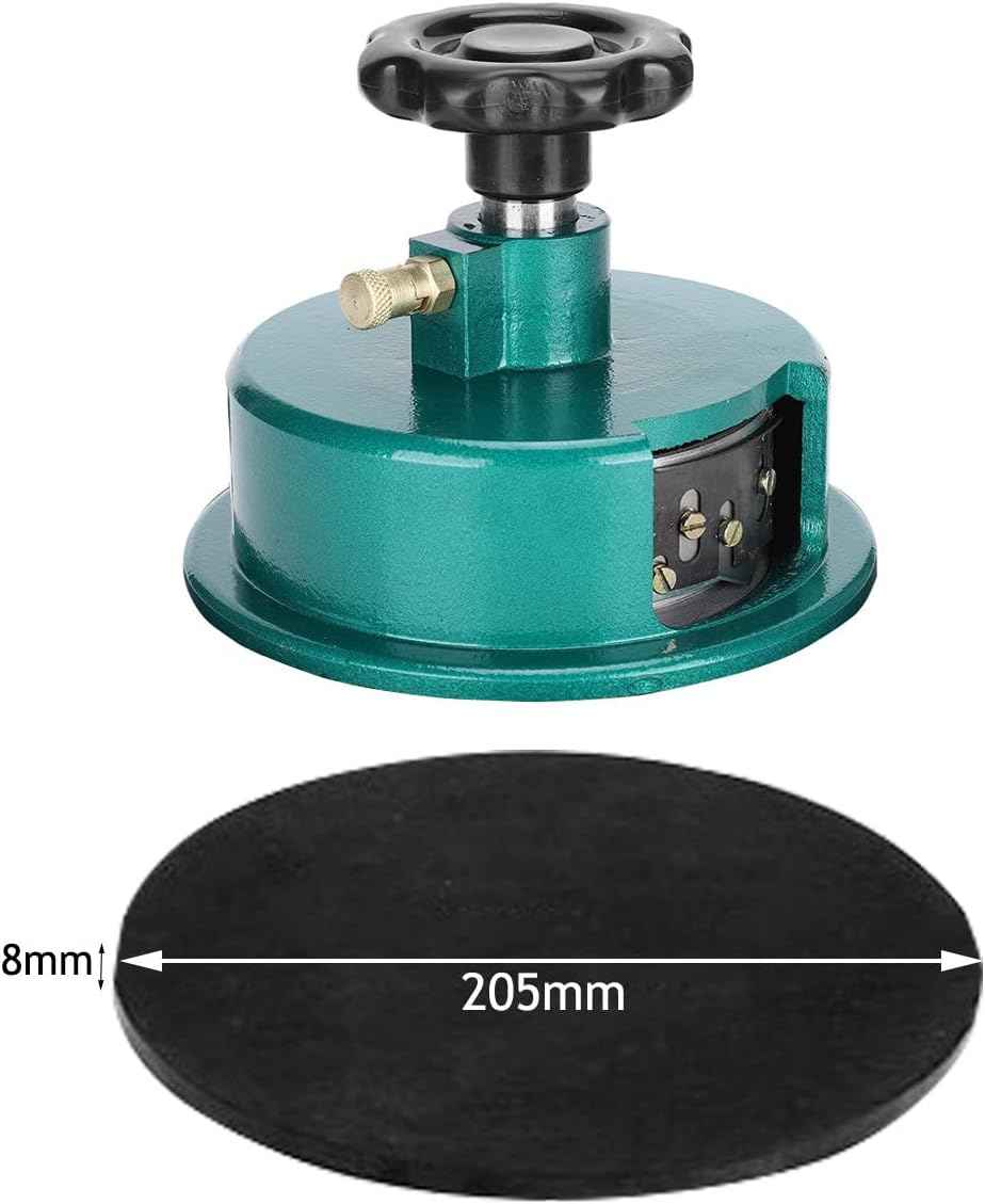Stoffproben-Schneidgerät mit grünem Sockel, schwarzer Basisplatte; 205mm Ø, 8mm Markierung
