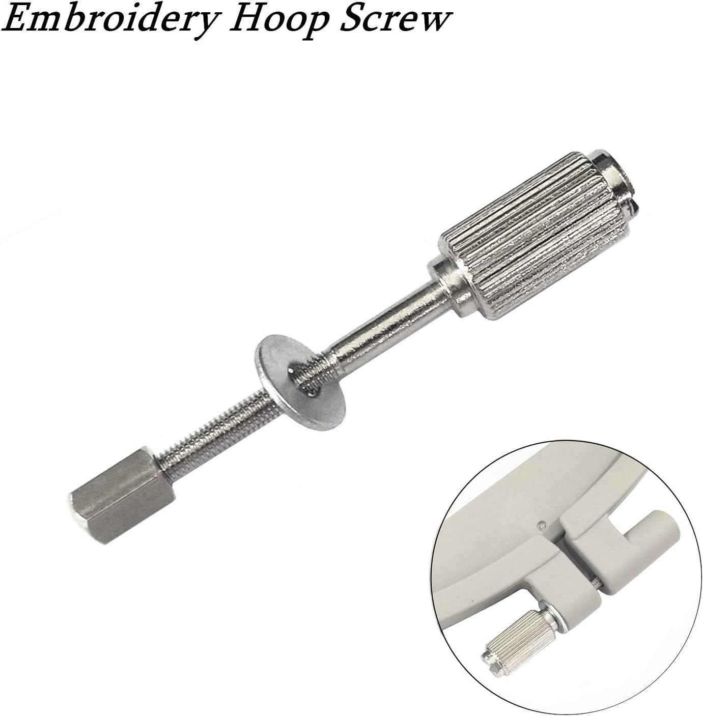 Embroidery hoop screw with ridged cylinder and threaded shaft; close-up inset