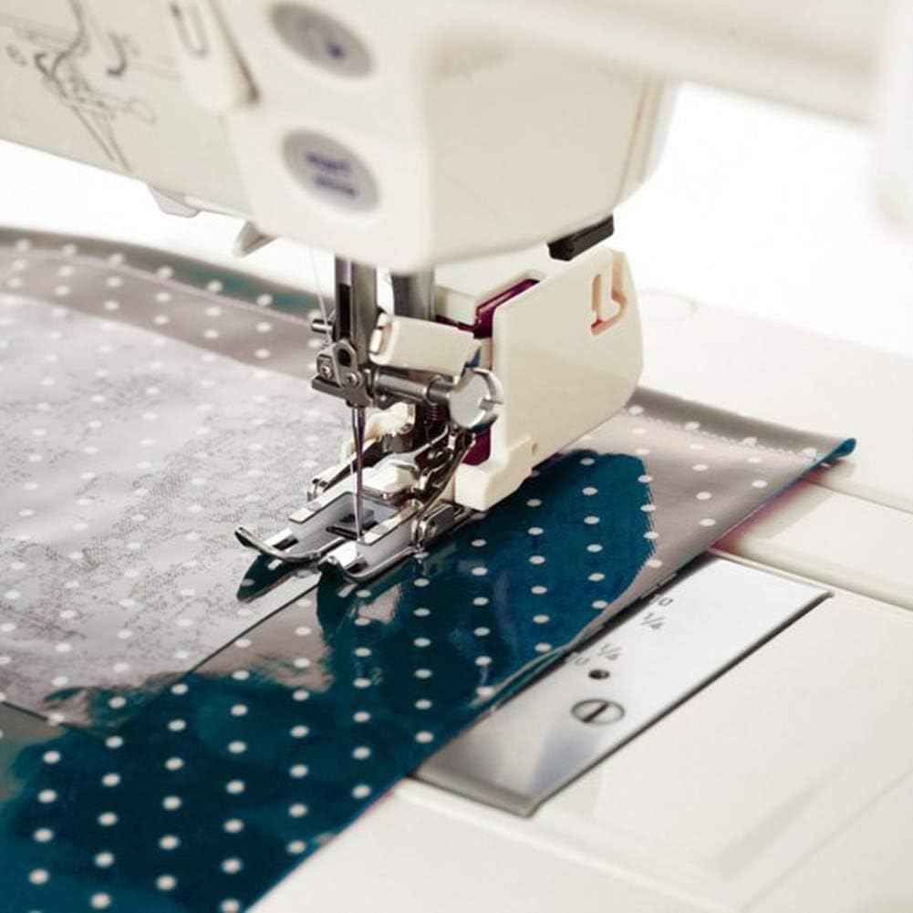 5mm walking foot installed on sewing machine, guiding fabric layer through needle