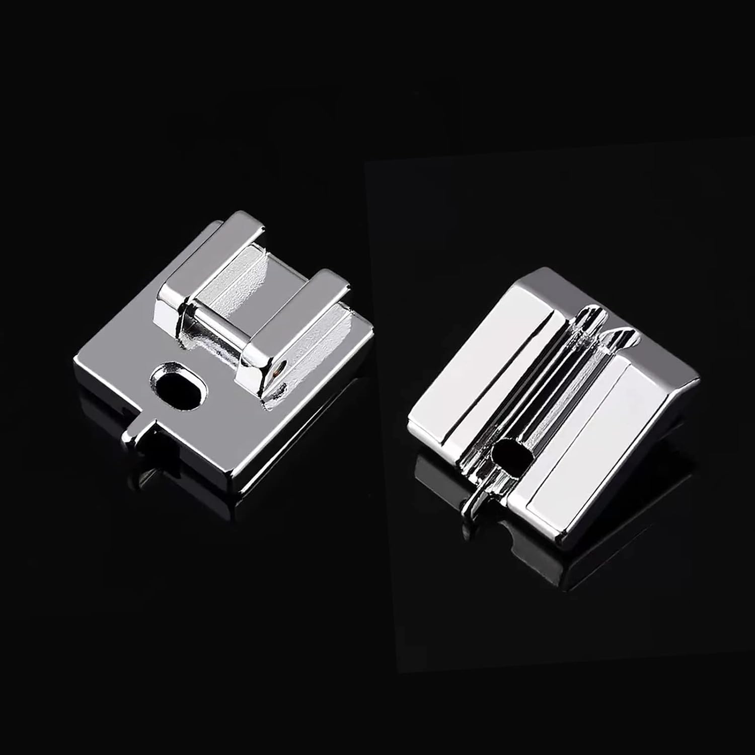 Invisible zipper presser feet, silver metal bodies with center opening for the zipper area
