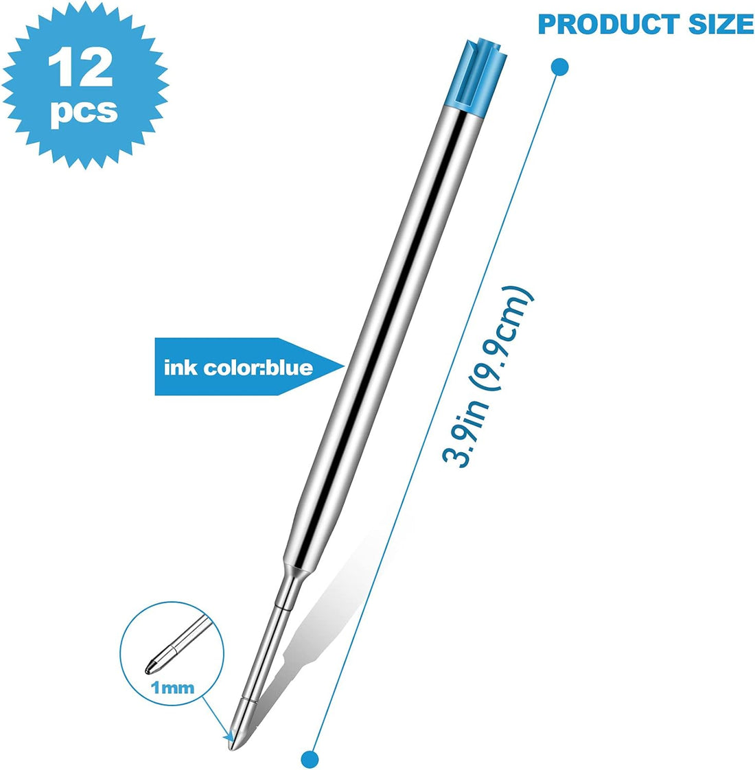 12pcs Metal Ballpoint Pen Refills Black Blue Ink 1.0mm Blue