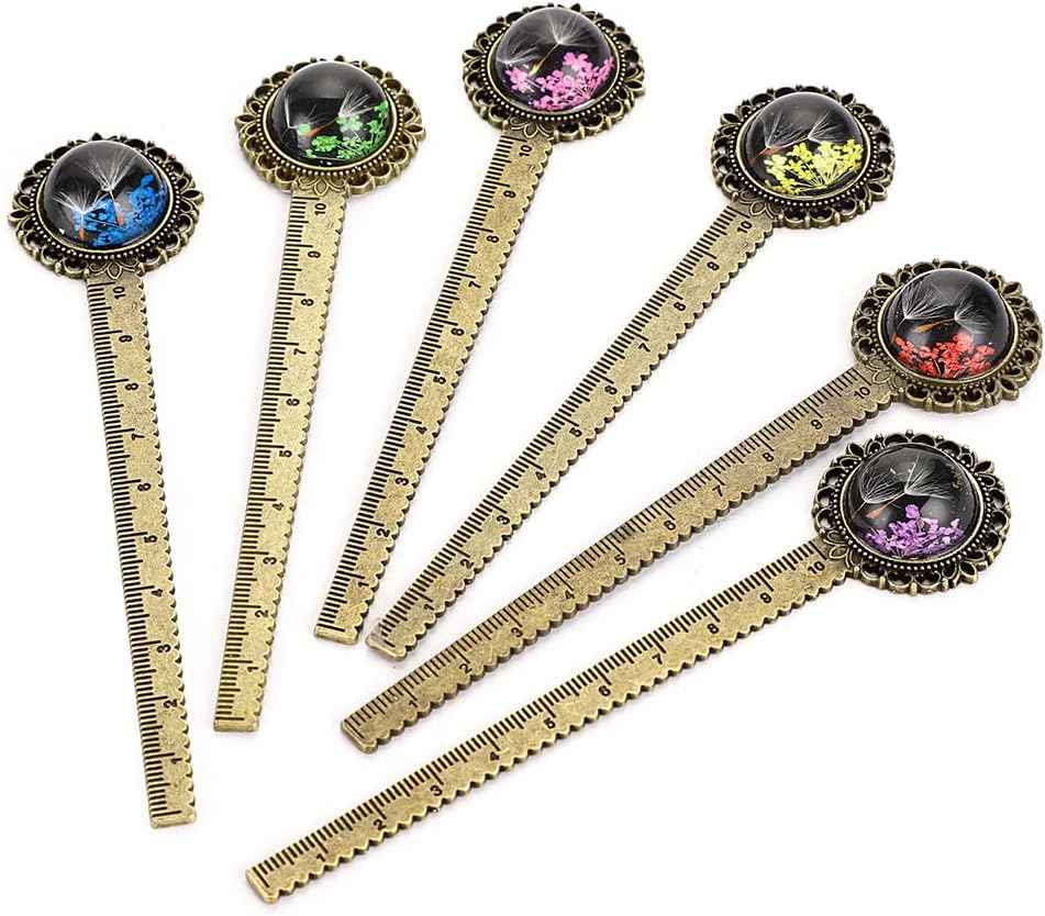 6PCS Retro Metal Bookmark Ruler Bronze Book Mark with Dried Flower Gypsophila