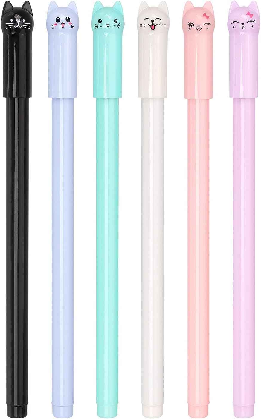 6 Pack Colorful Cat Kawaii Gel Pens 0.5mm Black Ink