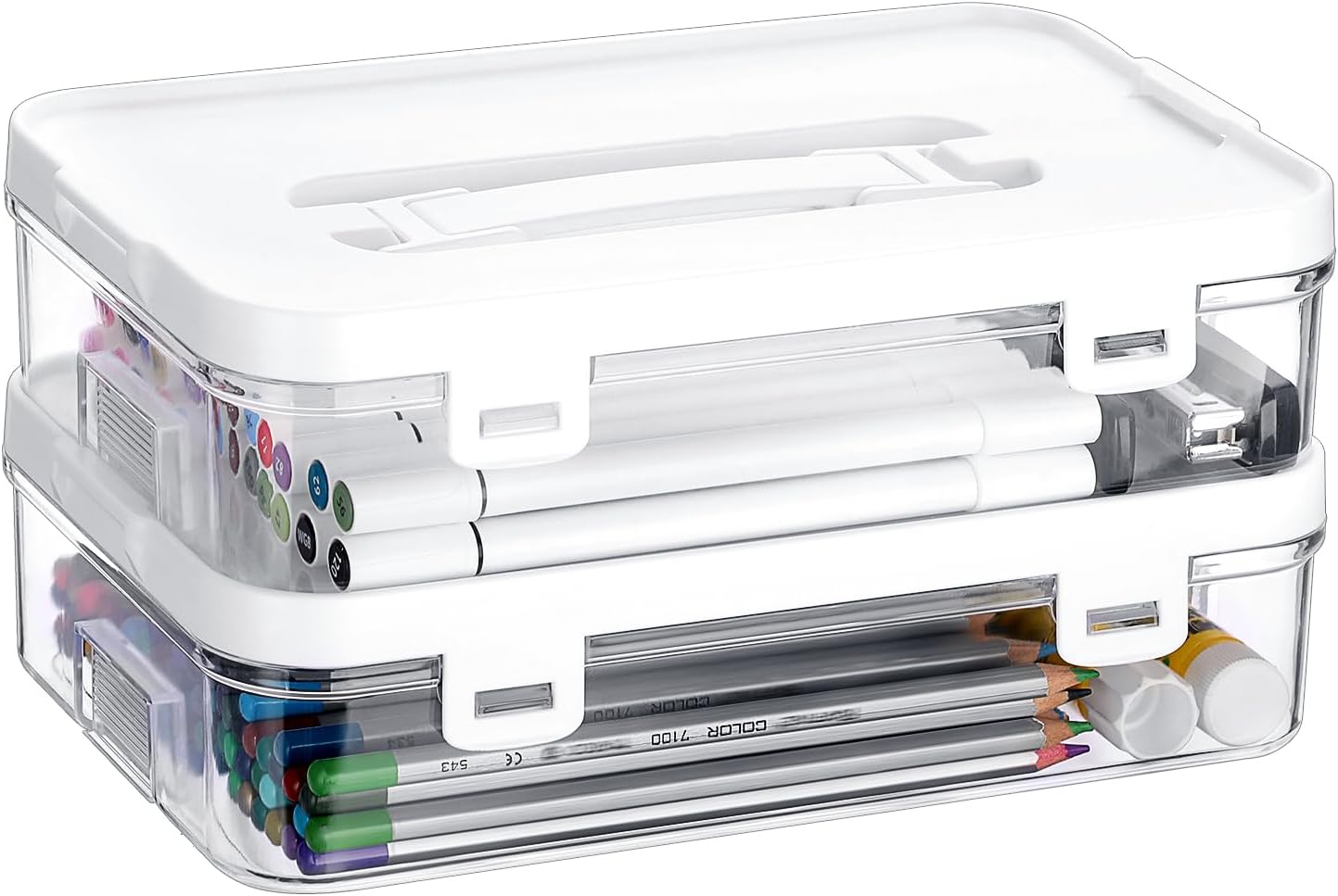 Clear Plastic Storage Container with Lid & Handle for Pencils Markers 2 Pack