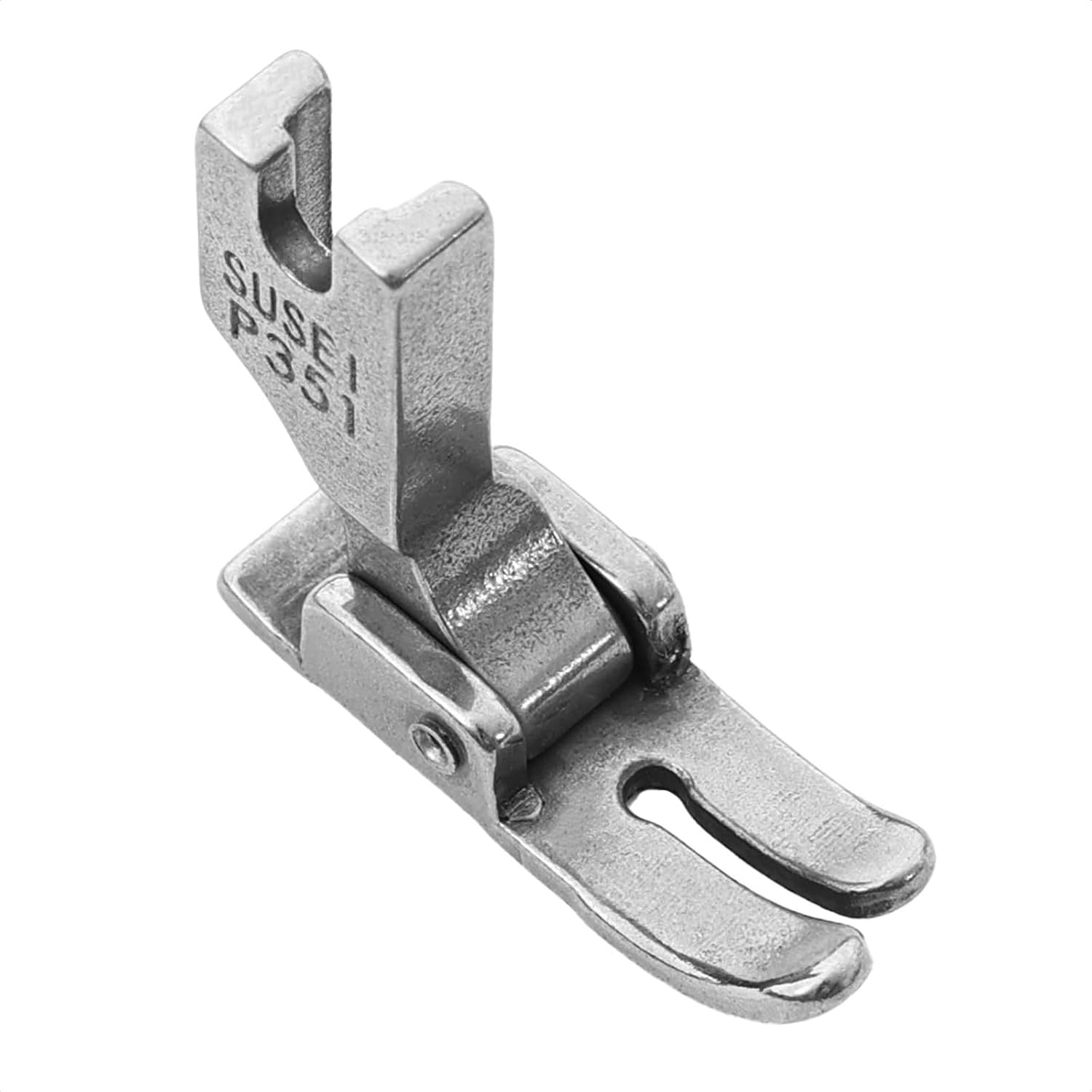 Industrial sewing machine standard presser foot, metal, angled view with mounting holes