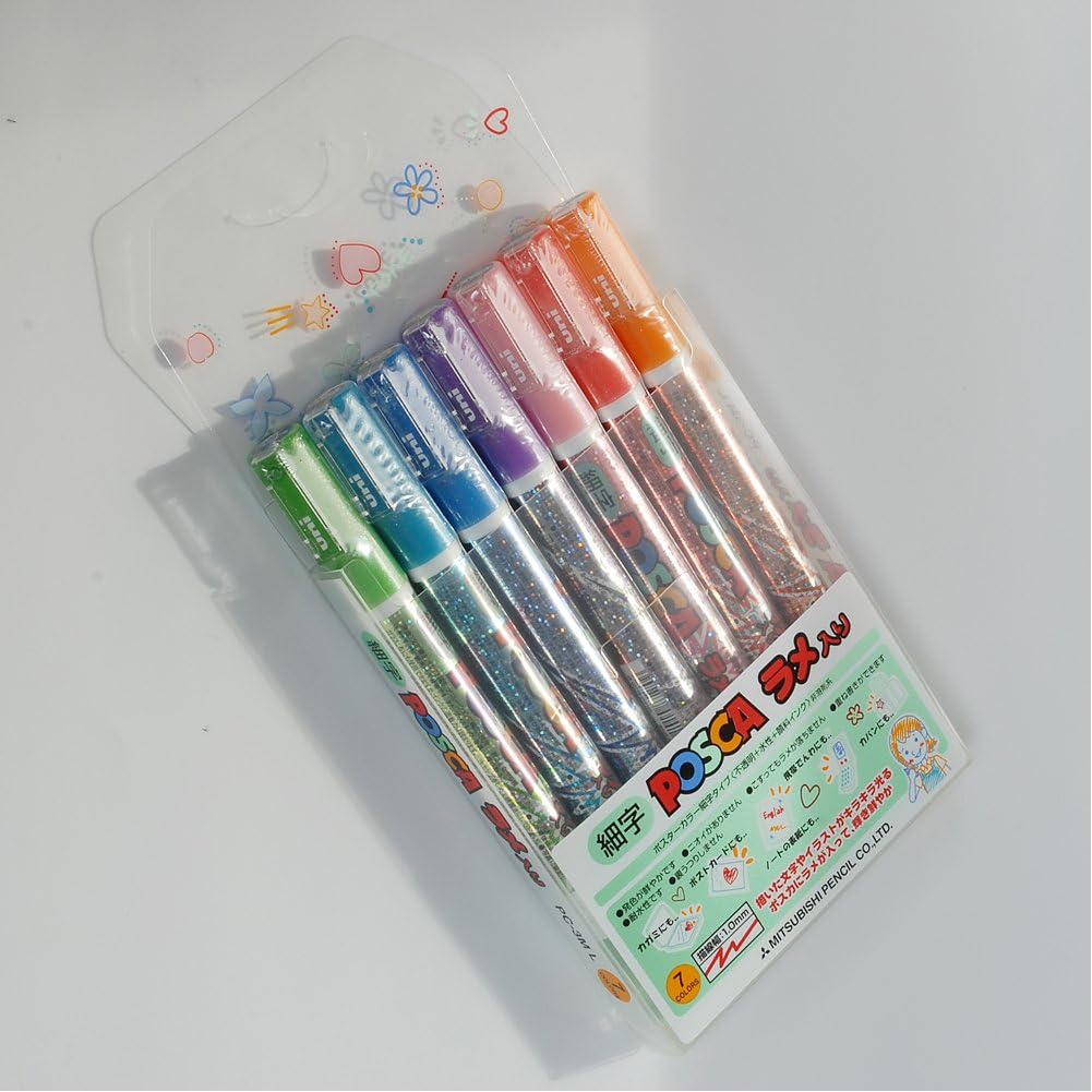 Uni Posca Glitter Paint Marker PC-3ML - Fine Point - 7 Colors Set