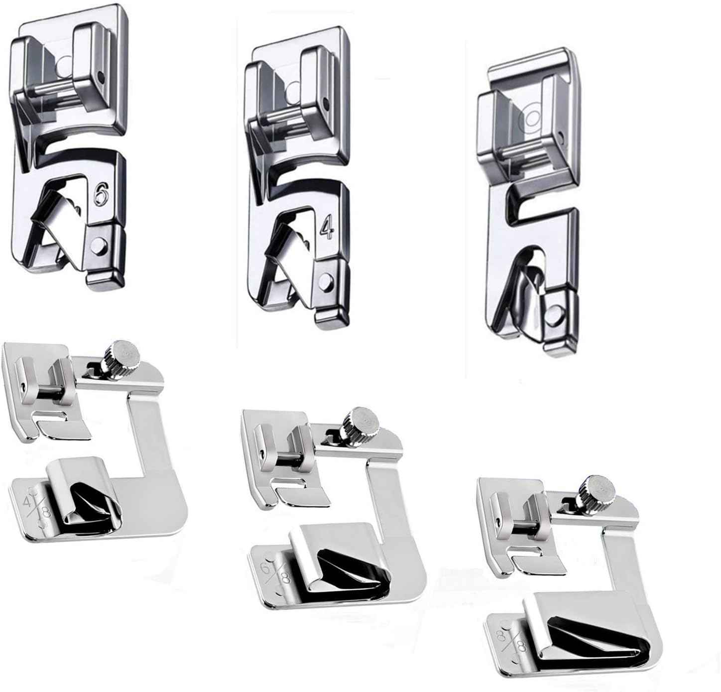 6Pcs hemmer foot presser set with labeled sizes 1/2, 3/4, 1 and 4, 6 options