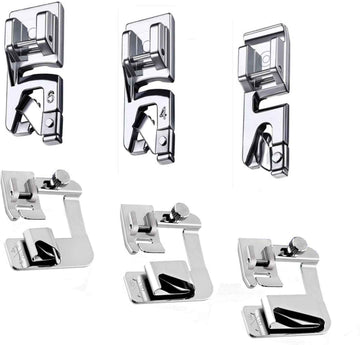 6Pcs hemmer foot presser set with labeled sizes 1/2, 3/4, 1 and 4, 6 options