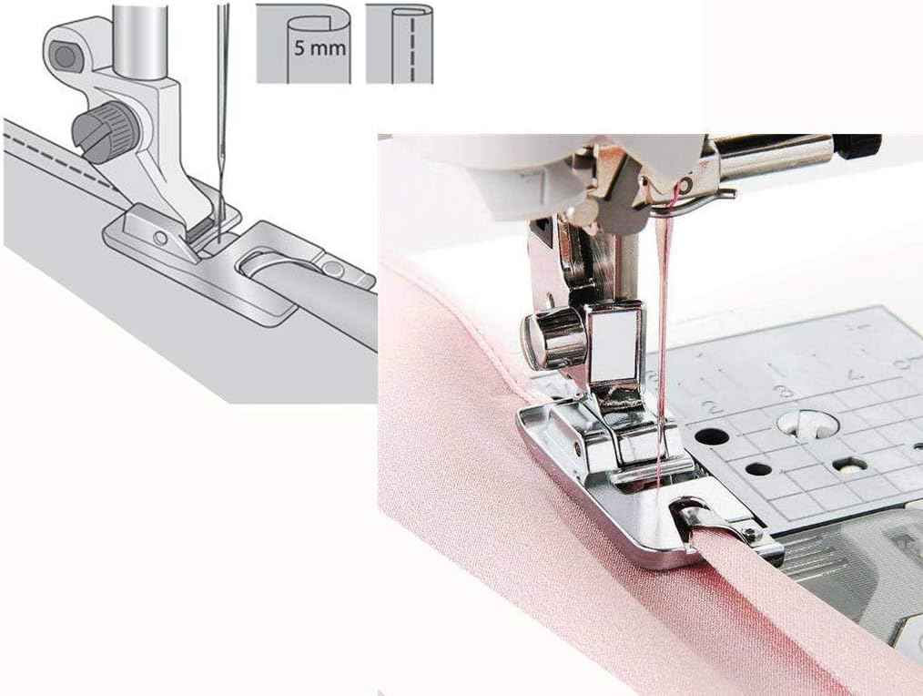 Hands attach a hemmer foot to a sewing machine presser bar for narrow rolled hems