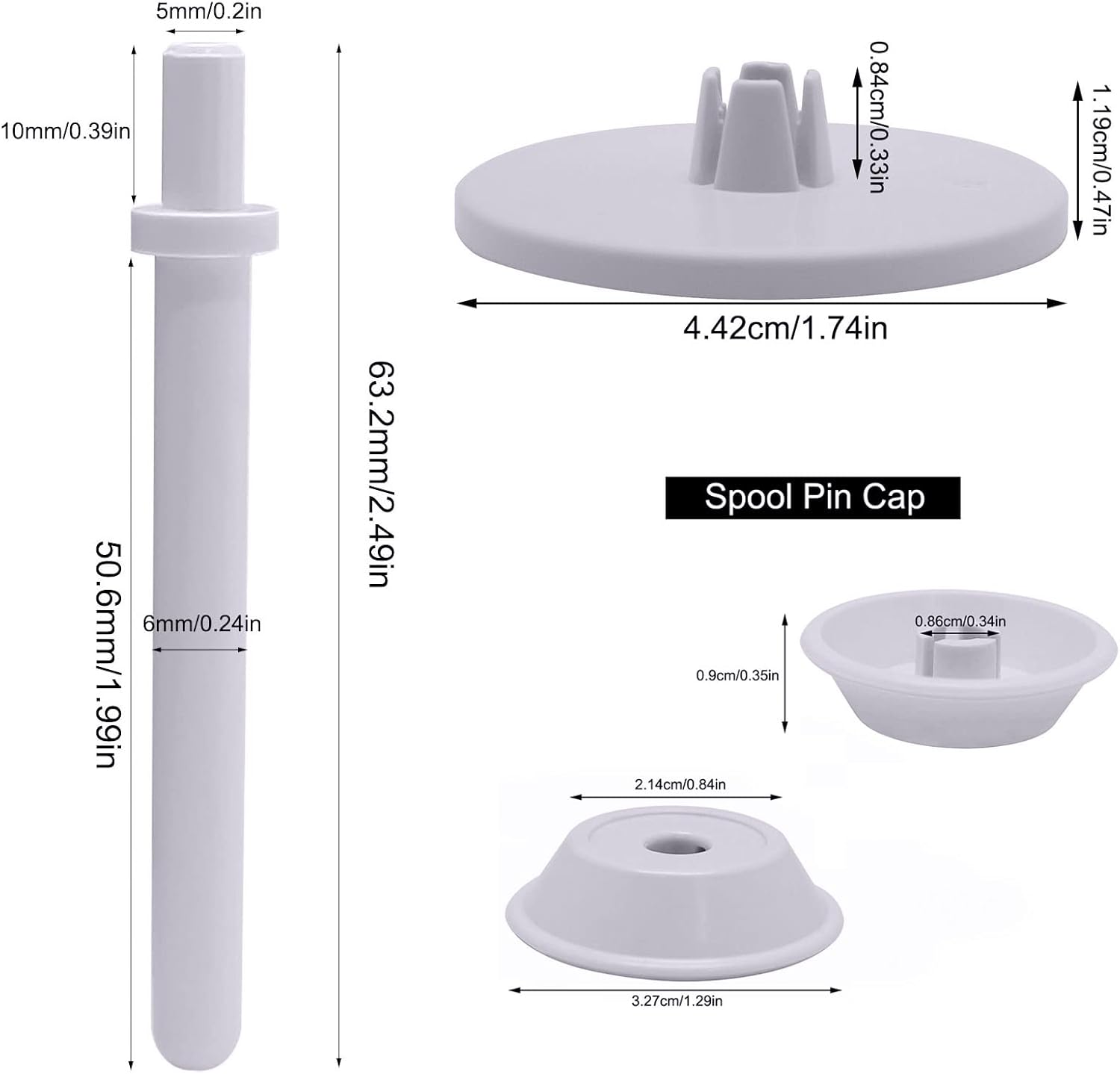 White spool pin cap parts with measurements: pin post and two cap bases