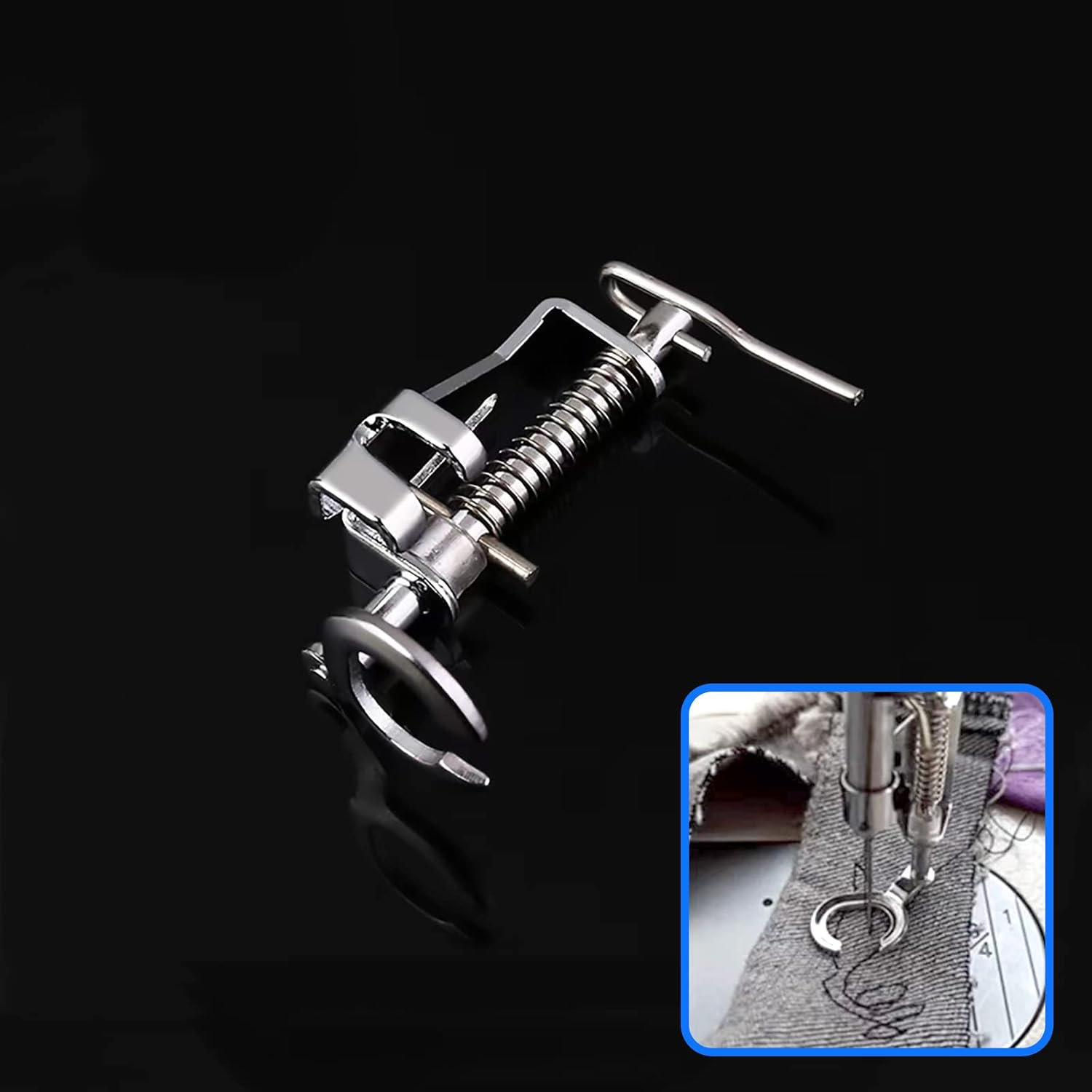 Open-toe embroidery presser foot in use over fabric, outlining visible stitch