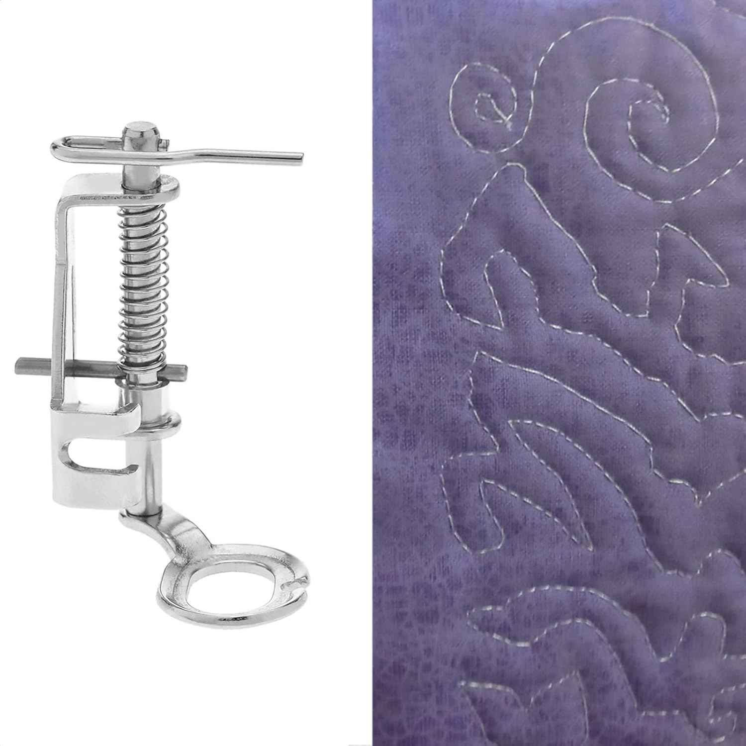 Presser foot used for free-motion quilting, mounted on fabric with stitched pattern