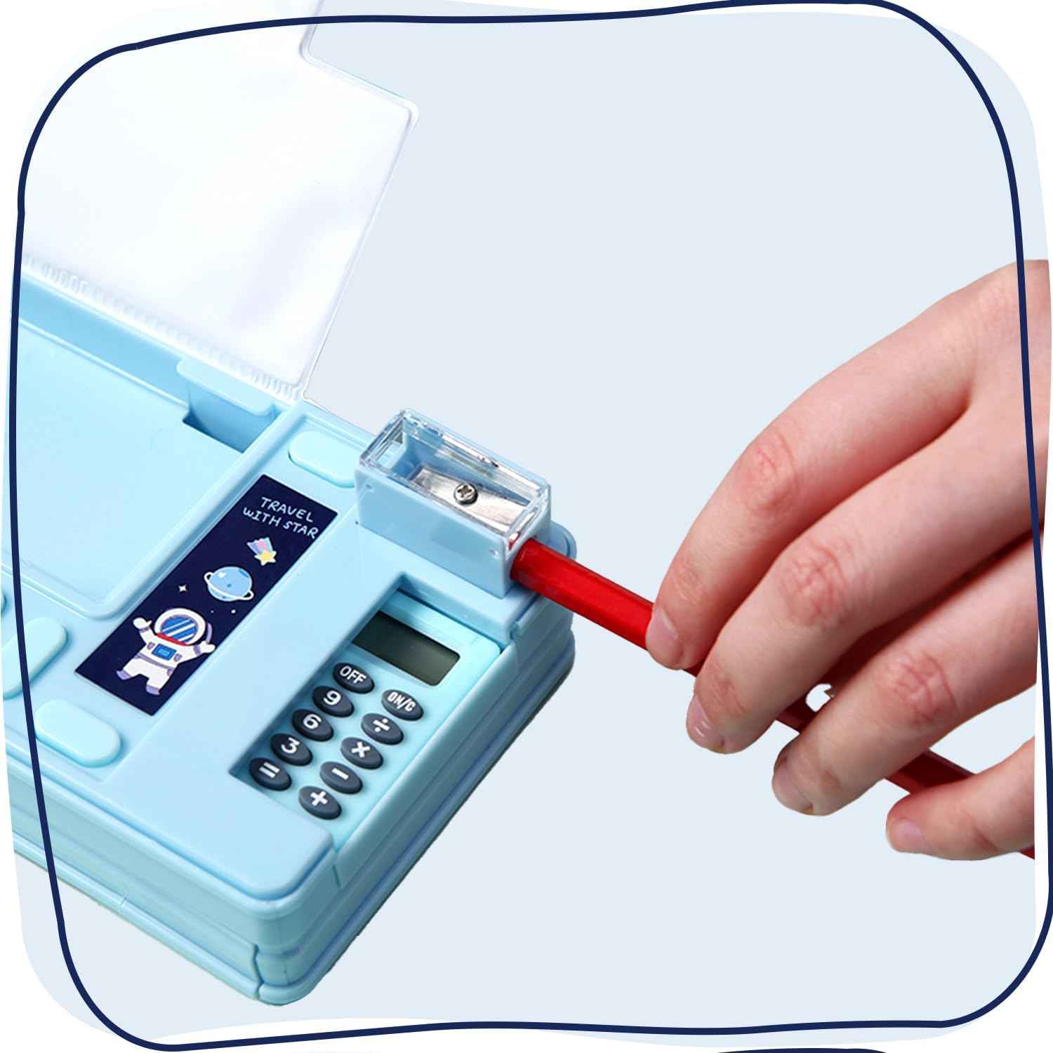 Multifunction Pencil Case with Calculator Sharpener Light Blue Space