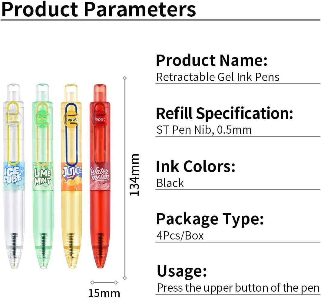 LOPET 4Pcs Juice Retractable Gel Pens 0.5mm Black Ink