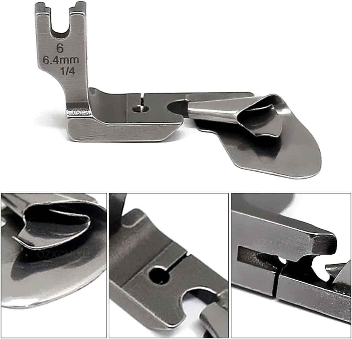 Curved hemming foot for sewing machine, 6.4 mm width marking on metal body