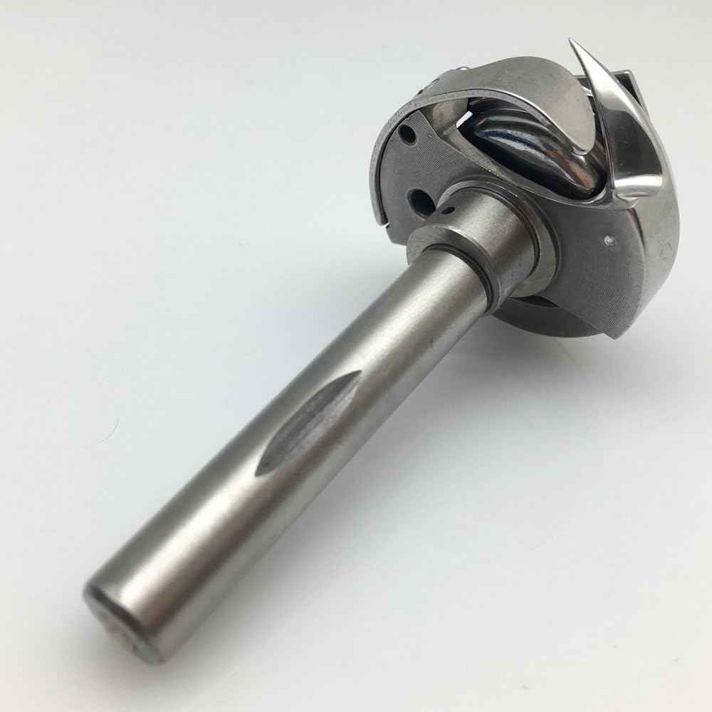 Sewing machine hook with long cylindrical shaft and circular metal housing