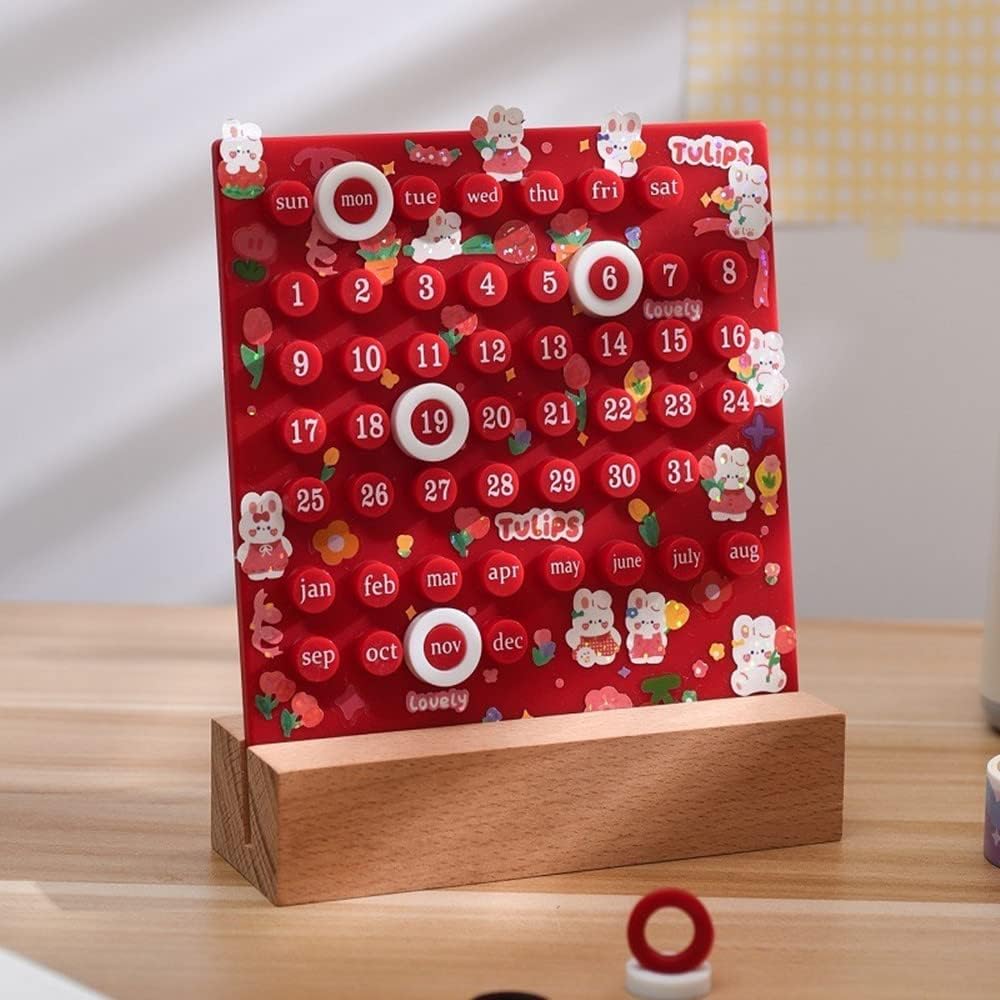 Wooden Desk Ring Perpetual Planner Calendar Red