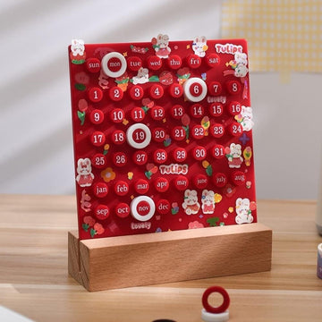 Wooden Desk Ring Perpetual Planner Calendar Red