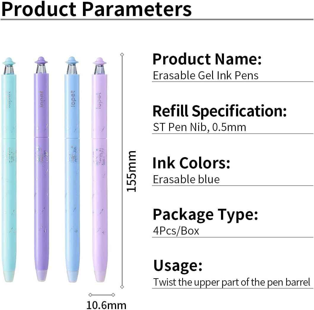 LOPET 4Pcs Galaxy Erasable Twist Gel Pens 0.5MM Black/Blue Ink