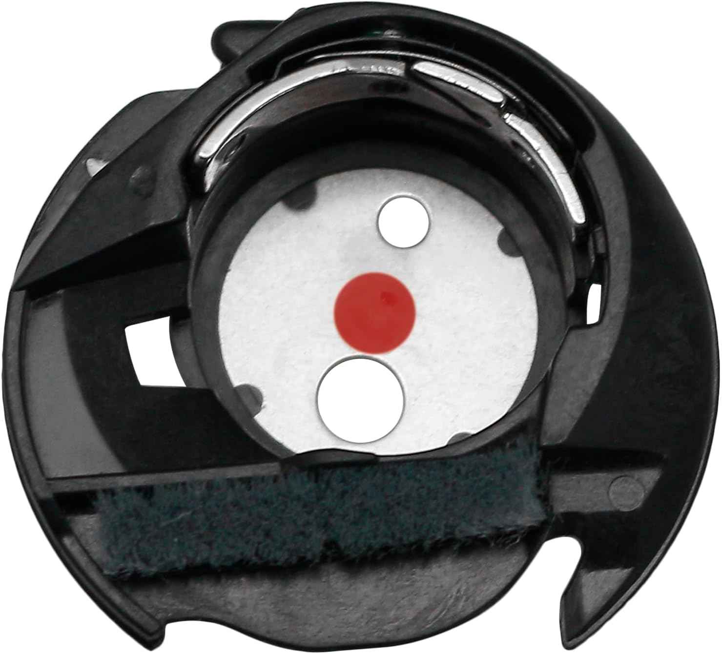 Bobbin case: underside view, black plastic frame with felt padding and metal disc