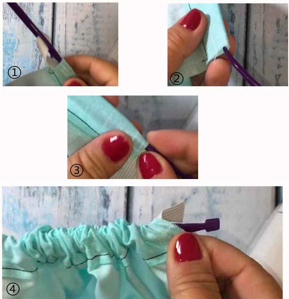 Purple sewing needle tool threading a folded teal fabric piece
