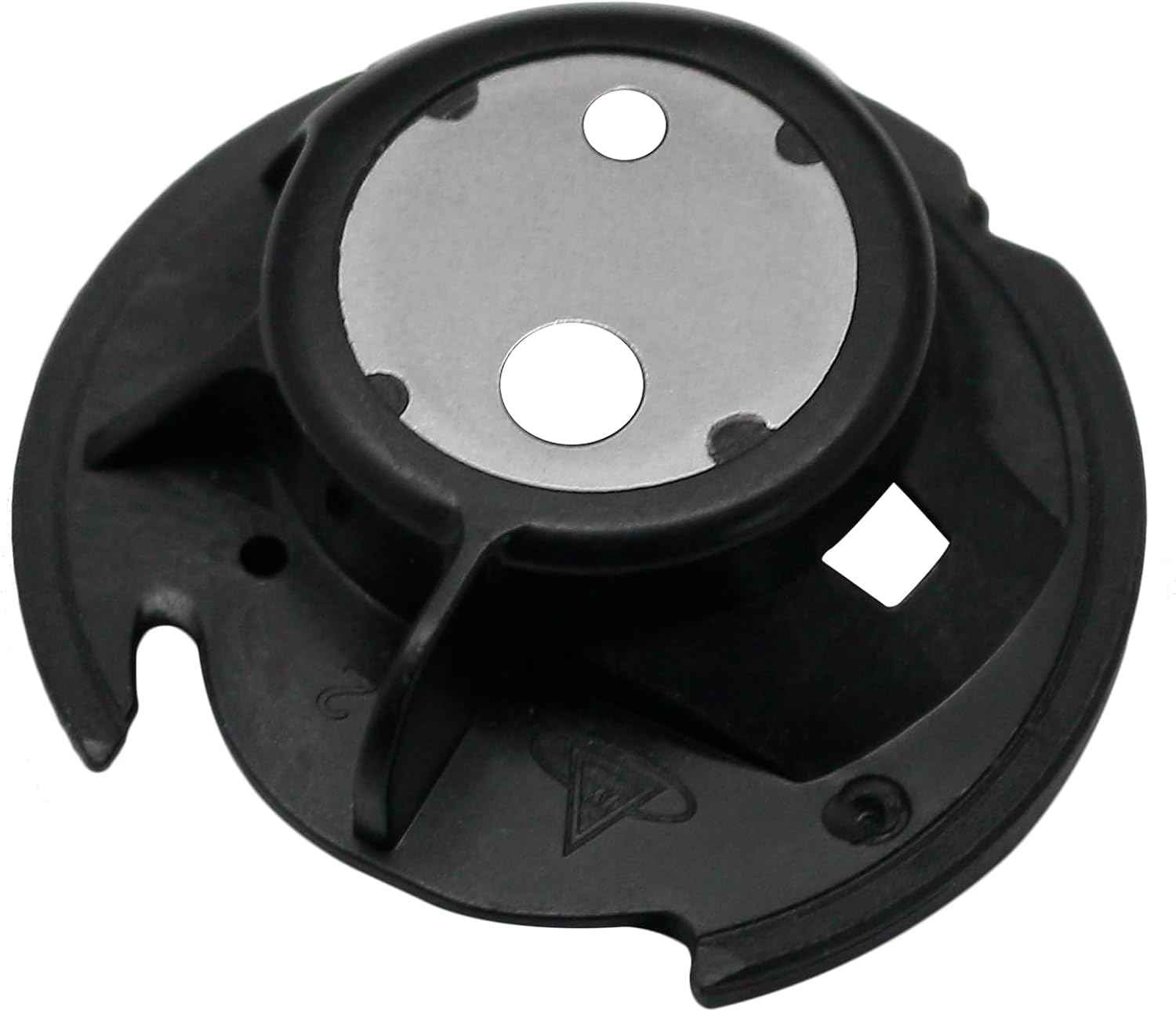Bobbin case: circular black bobbin holder with metal base and guide notch
