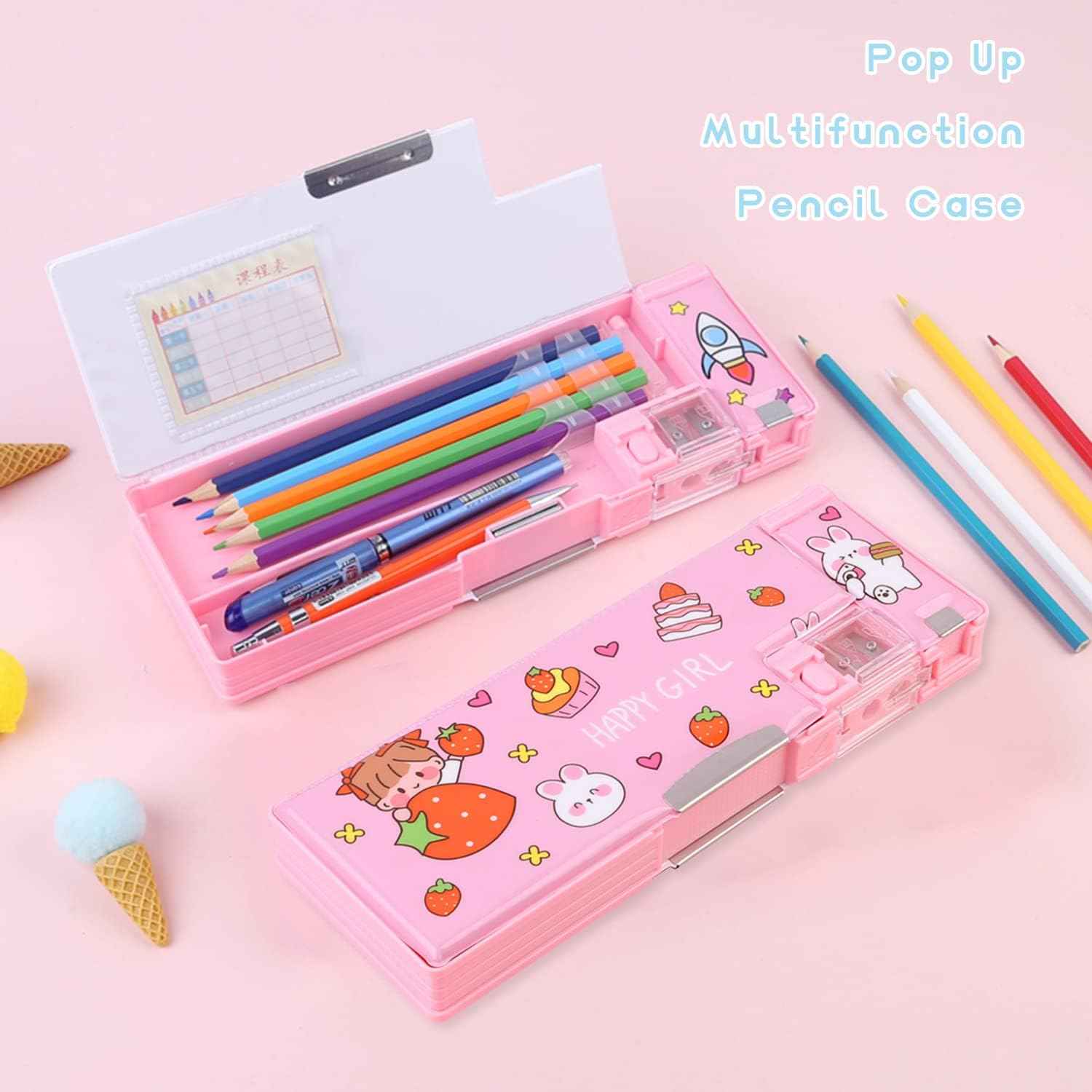 Pop Up Multifunction Pencil Case Pen Box Organizer Pink Strawberry