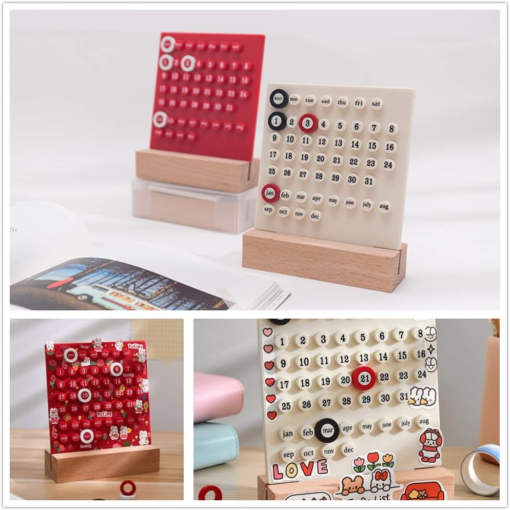 Wooden Desk Ring Perpetual Planner Calendar Red