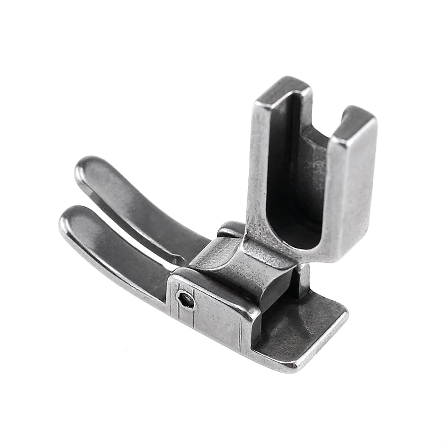 Standard presser foot for industrial sewing machine, metal, side view with guide slot