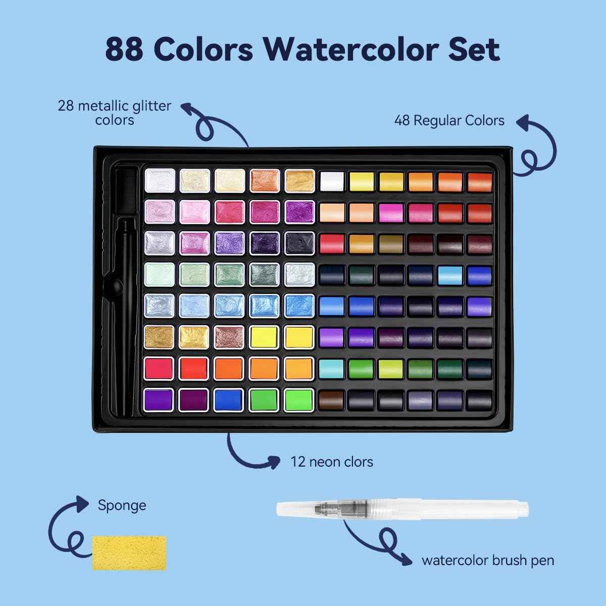 88 Colors Watercolor Paint Set Metallic Glitter Color