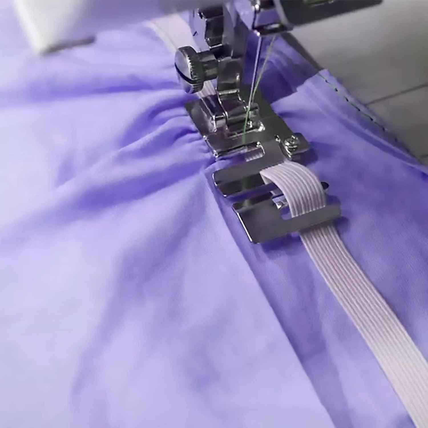 Presser foot inserting elastic cord into fabric for elastic band sewing